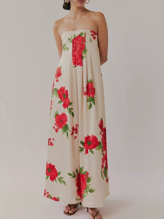 Free People Dresses & Skirts - Free People Satin Strapless Cream Maxi Dress with Red Floral Print